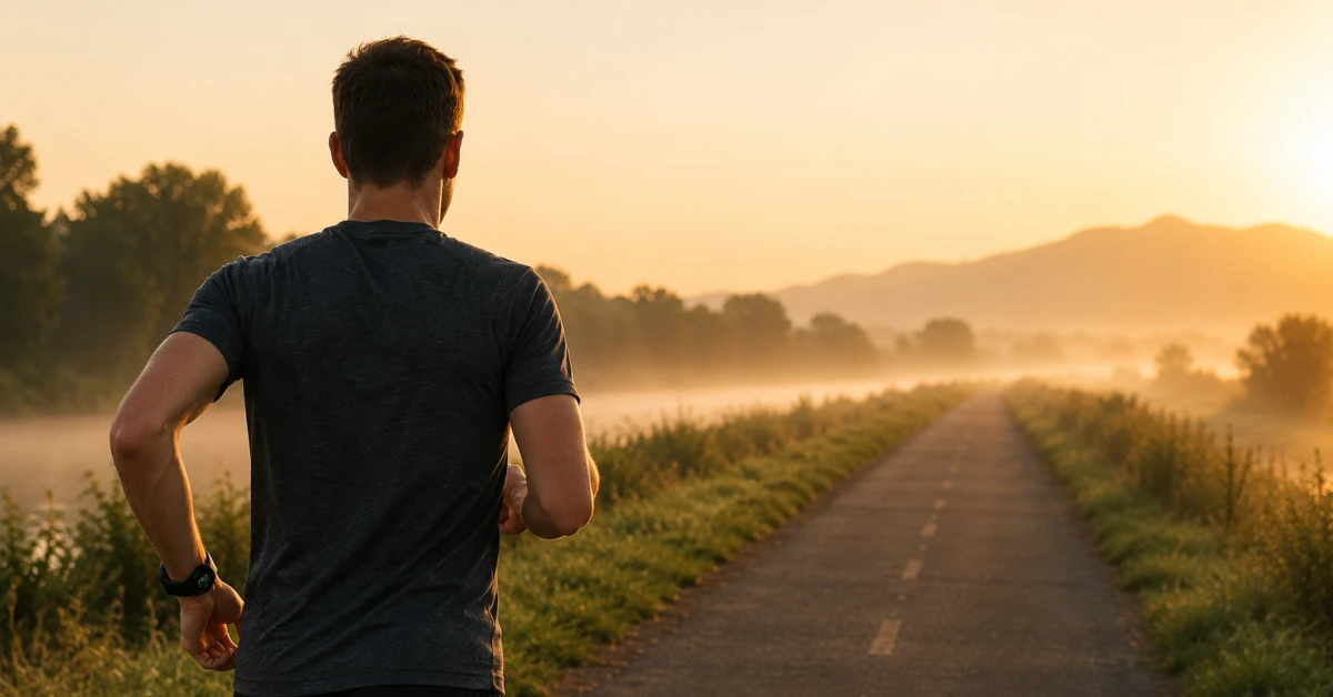 Runner viewed from behind on a long straight trail path disappearing into the misty distance, moving at an unhurried easy pace in early morning light, fitness watch visible on wrist