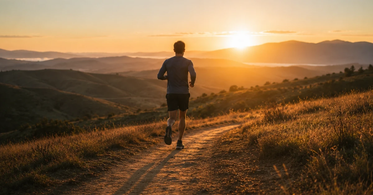 Lone runner on an open trail at sunrise, moving at an easy Zone 2 pace with a long shadow stretching behind them in golden morning light