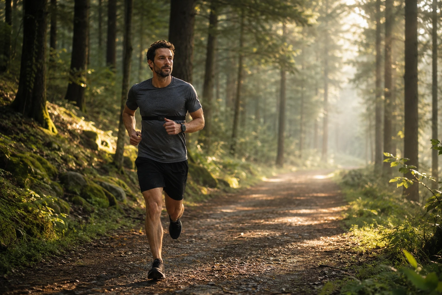 Runner on a forest trail at easy Zone 2 pace, relaxed posture, early morning light