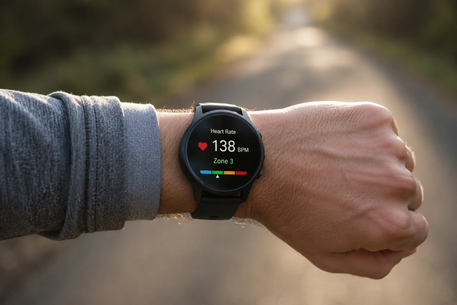 Runner's wrist showing smartwatch with heart rate reading of 138 bpm in Zone 2