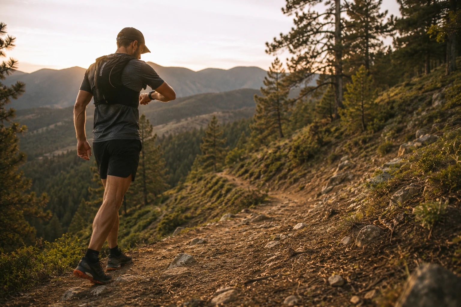 Trail runner walking uphill intentionally while checking their heart rate on a smartwatch